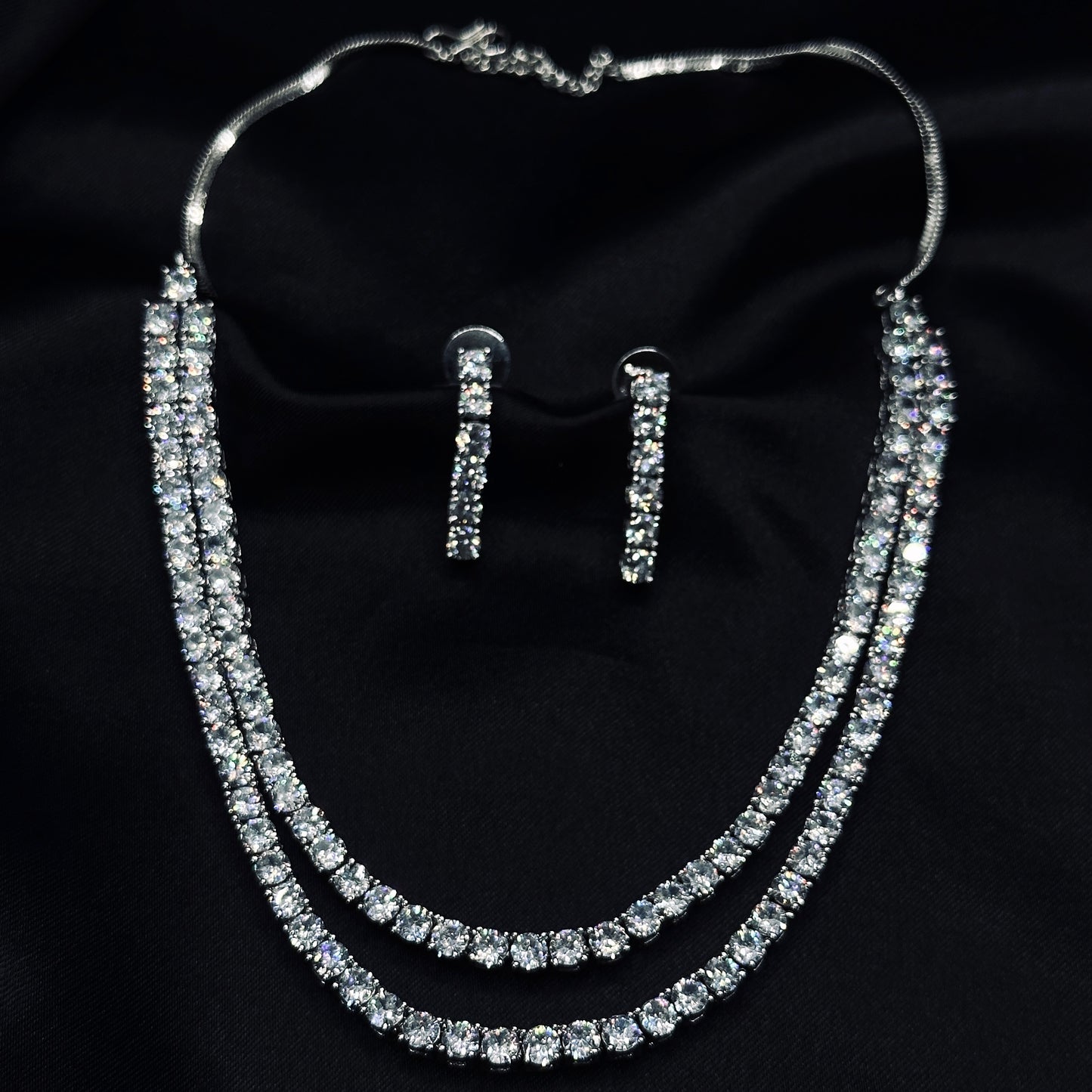Solitaire Cubic Zircon American Diamond Silver Plated Necklace Set