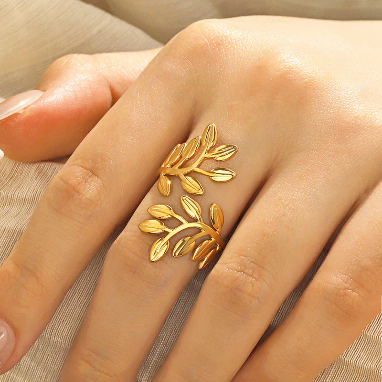 Leaf Design Stainless Steel Gold Plated Adjustable Ring