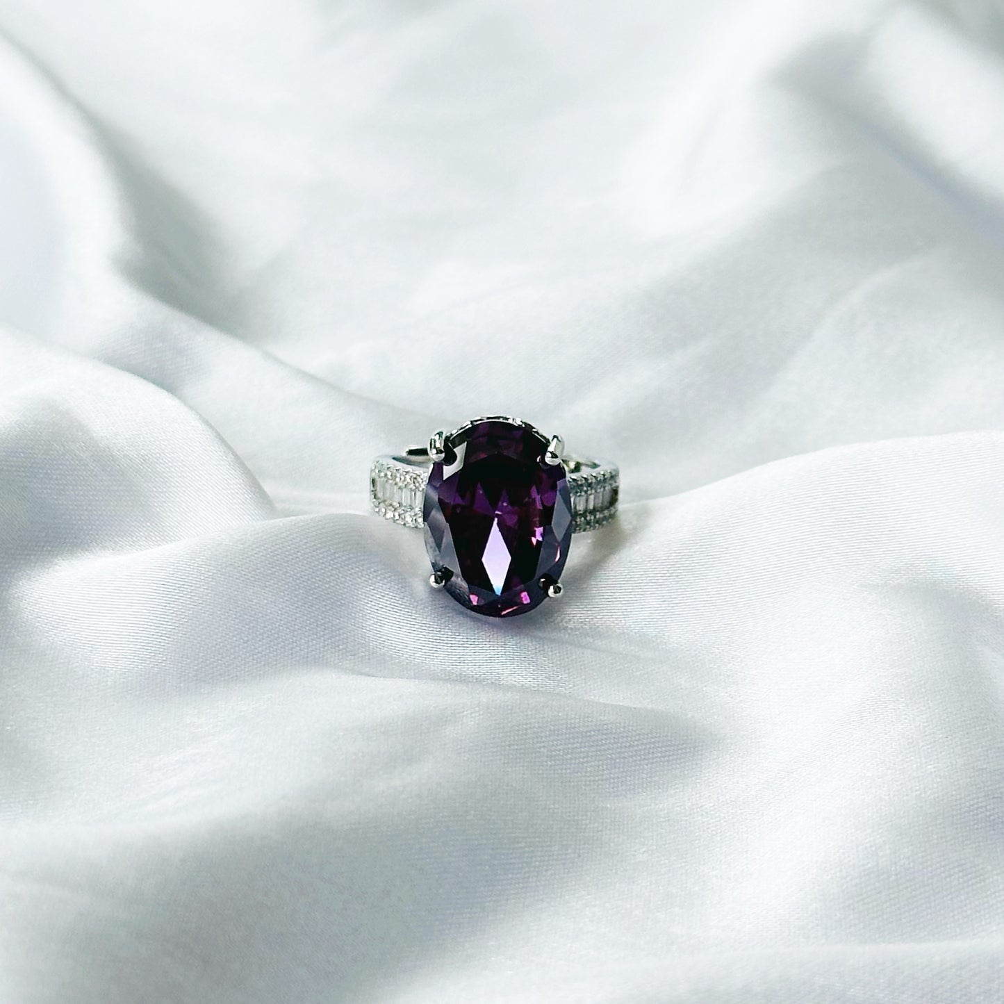 Amethyst Cubic Zircon Ice Cut American Diamond Silver Plated Adjustable Ring