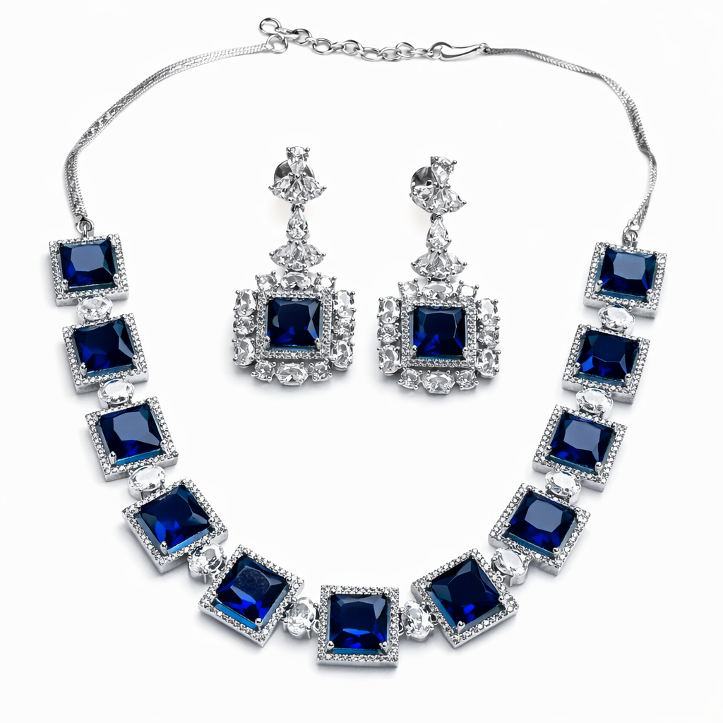 Blue Sapphire Cubic Zirconia American Diamond Silver Plated