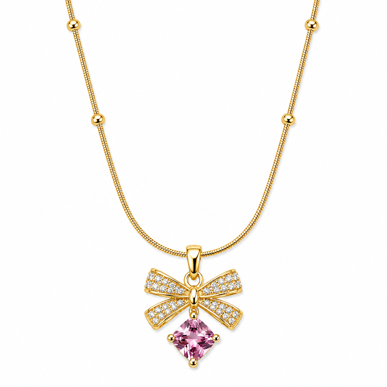 Pink Topaz Cubic Zirconia Bow Design American Diamond Gold Plated Stainless Steel Necklace