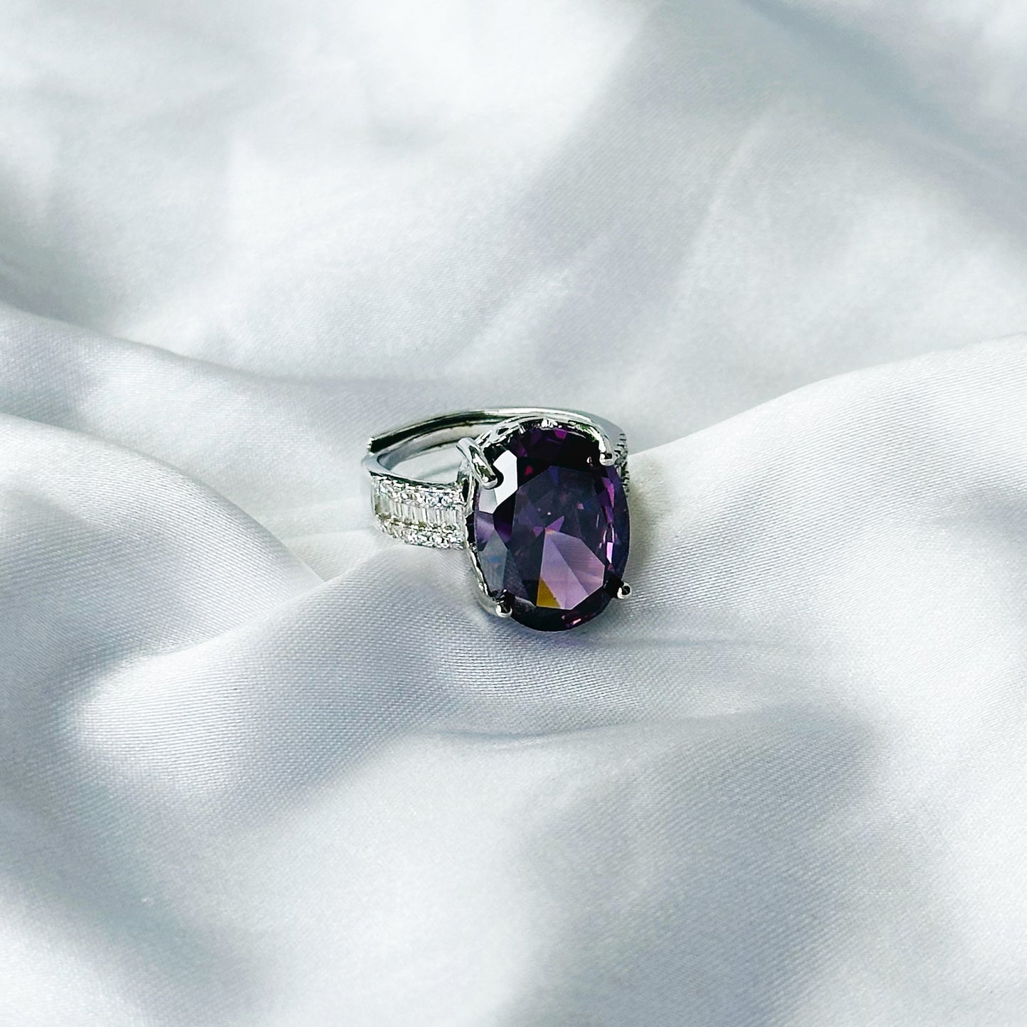 Amethyst Cubic Zircon Ice Cut American Diamond Silver Plated Adjustable Ring