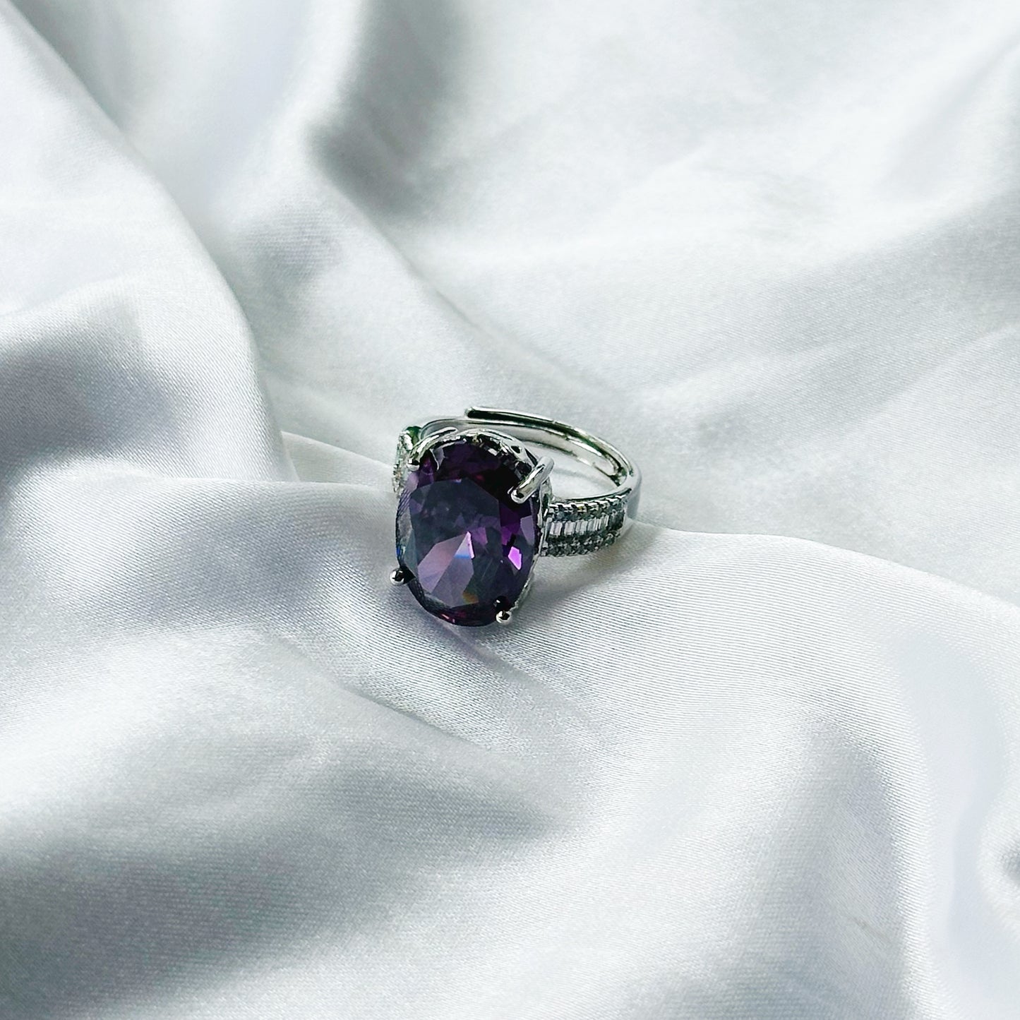 Amethyst Cubic Zircon Ice Cut American Diamond Silver Plated Adjustable Ring