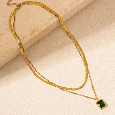 Green Emerald Gold Plated Stainless Steel Necklace