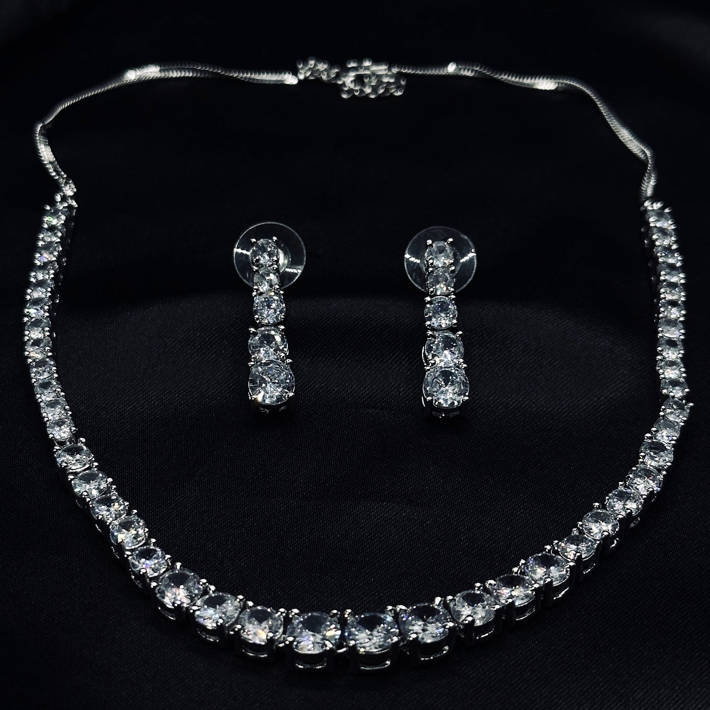 Solitaire Cubic Zircon American Diamond Silver Plated Necklace Set