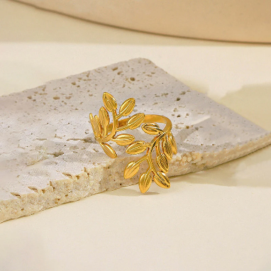 Leaf Design Stainless Steel Gold Plated Adjustable Ring