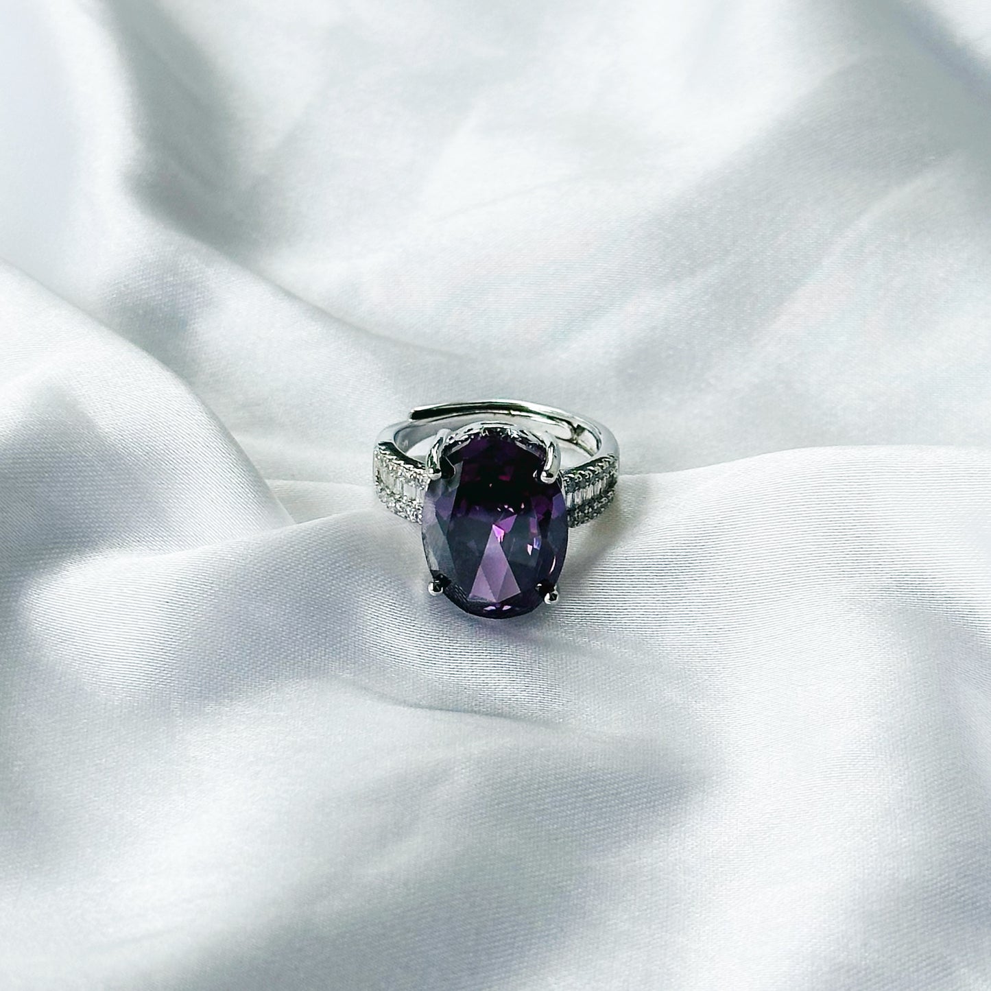 Amethyst Cubic Zircon Ice Cut American Diamond Silver Plated Adjustable Ring