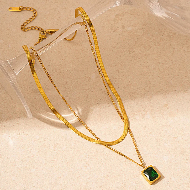Green Emerald Gold Plated Stainless Steel Necklace