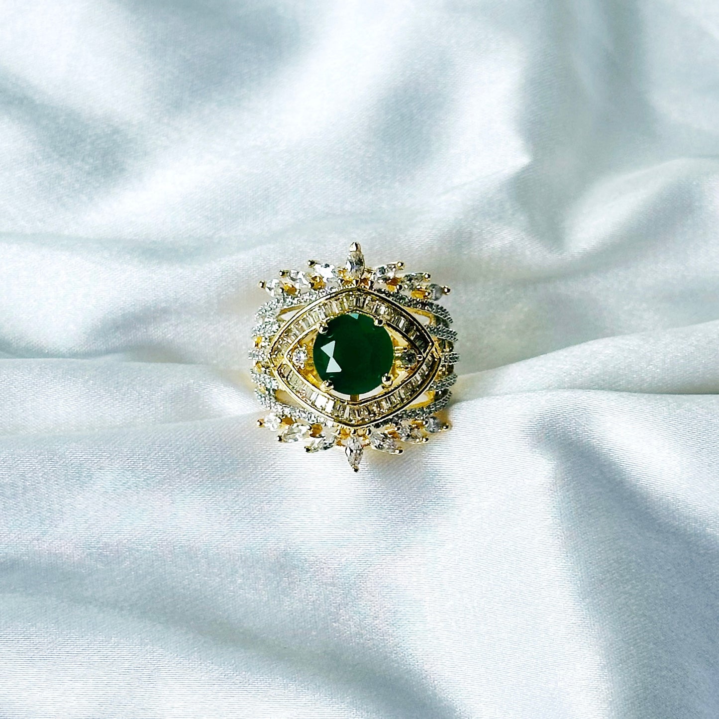 Green Emerald Cubic Zircon American Diamond Gold/Silver Plated Adjustable Ring