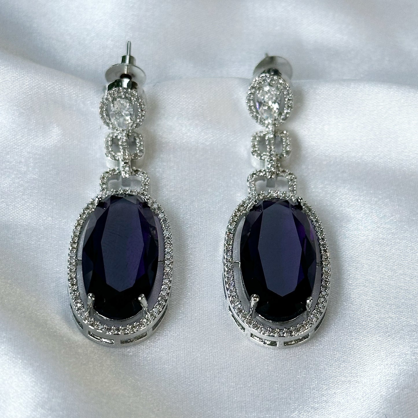 Deep Purple Amethyst Cubic Zircon American Diamond Silver Plated Earrings