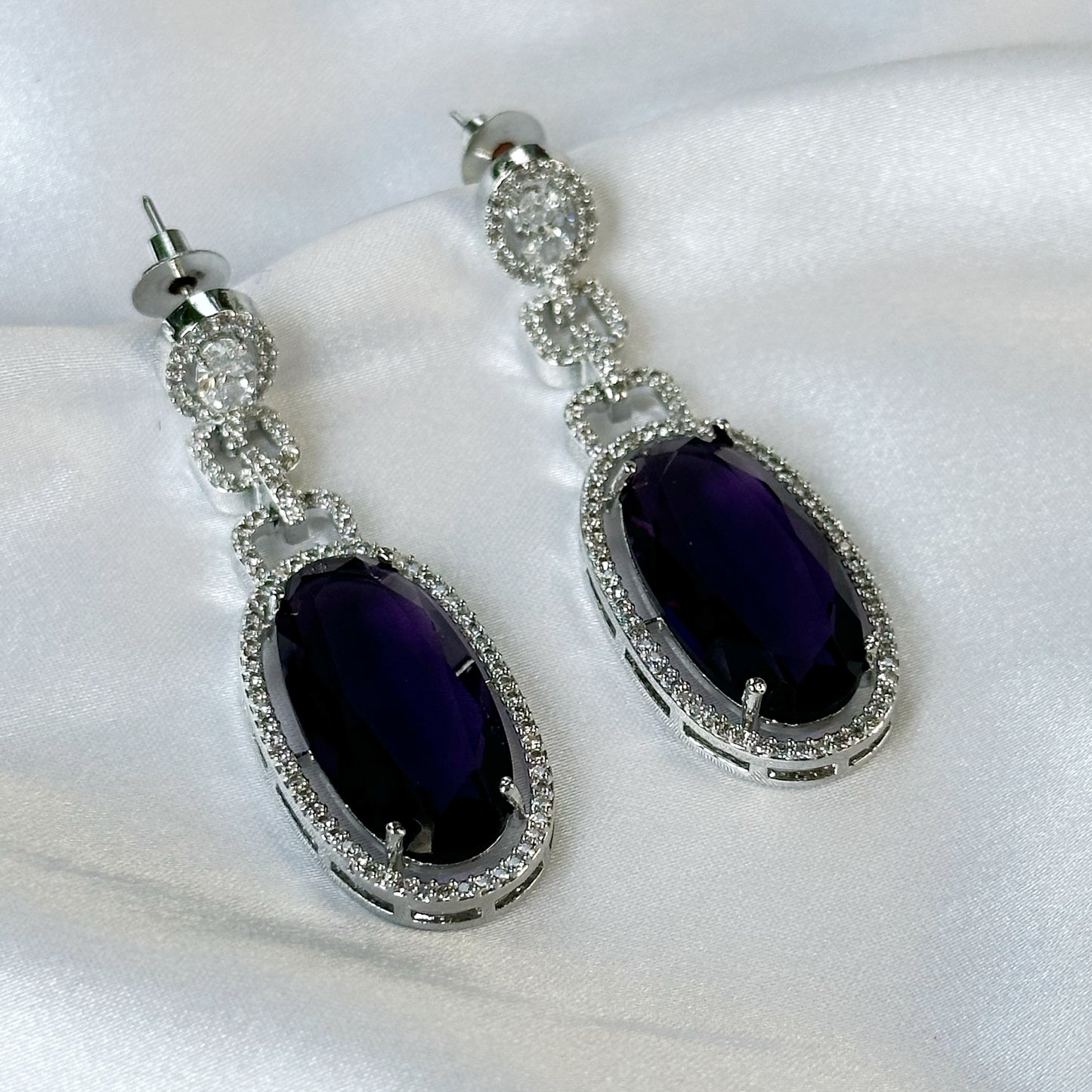 Deep Purple Amethyst Cubic Zircon American Diamond Silver Plated Earrings