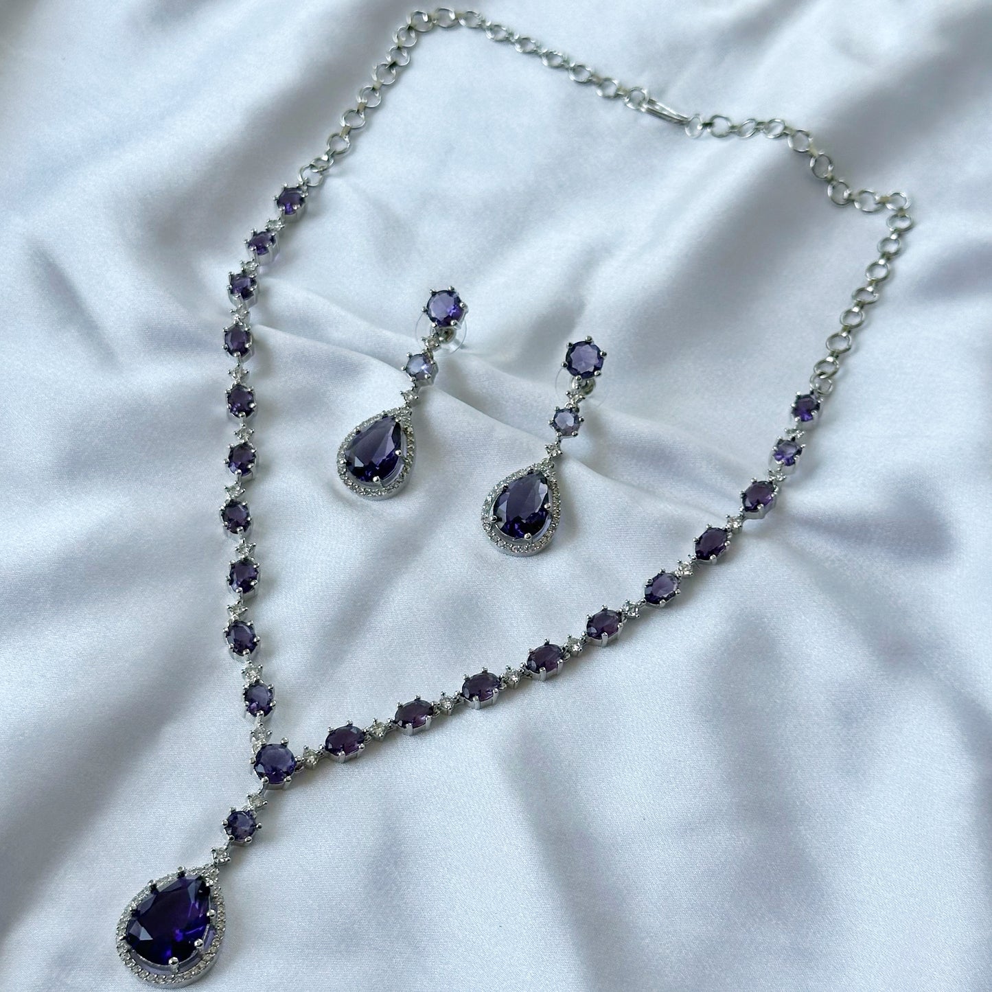 Purple Amethyst Cubic Zirconia American Diamond Silver Plated Necklace Set