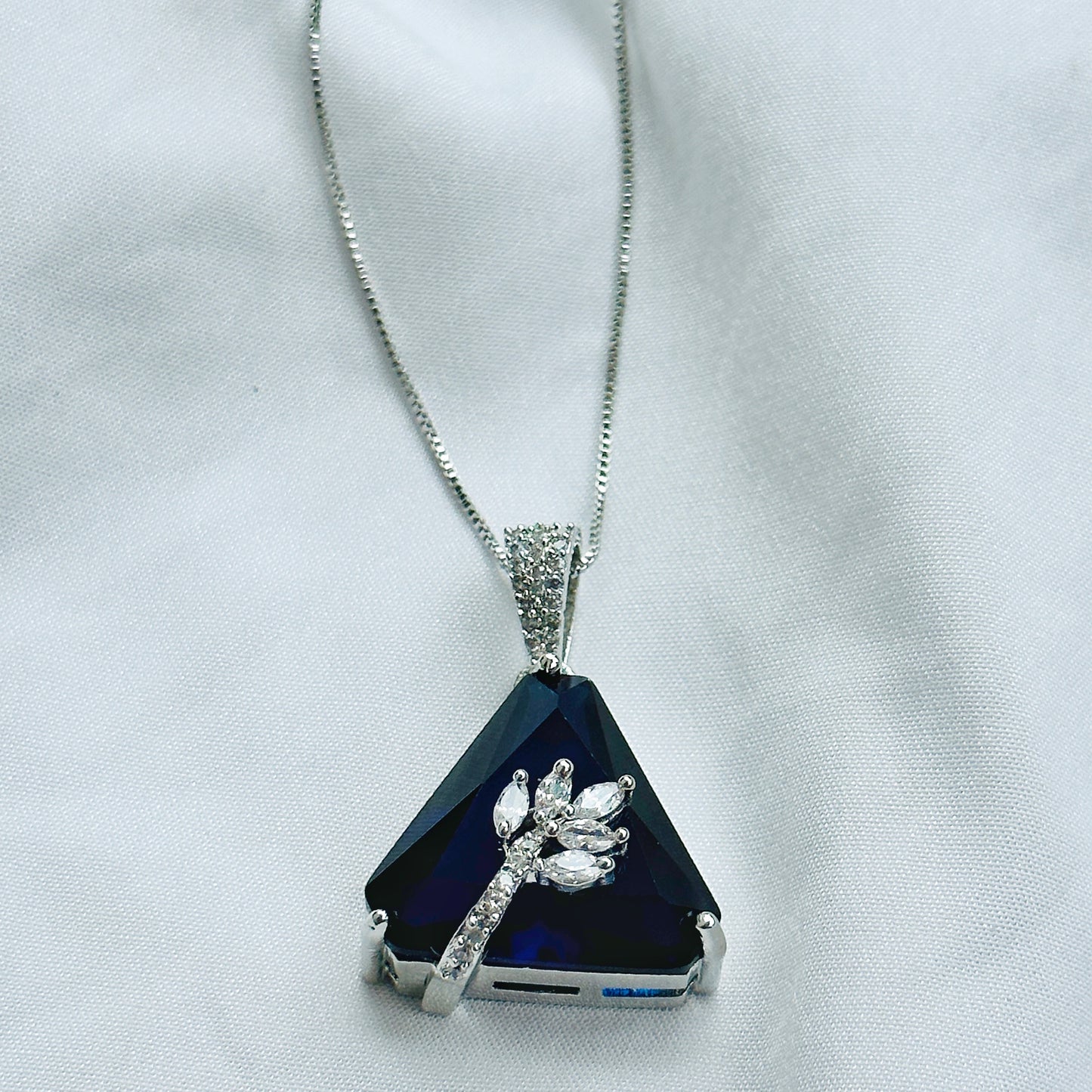 Blue Sapphire Cubic Zircon American Diamond Silver Plated Pendant Set