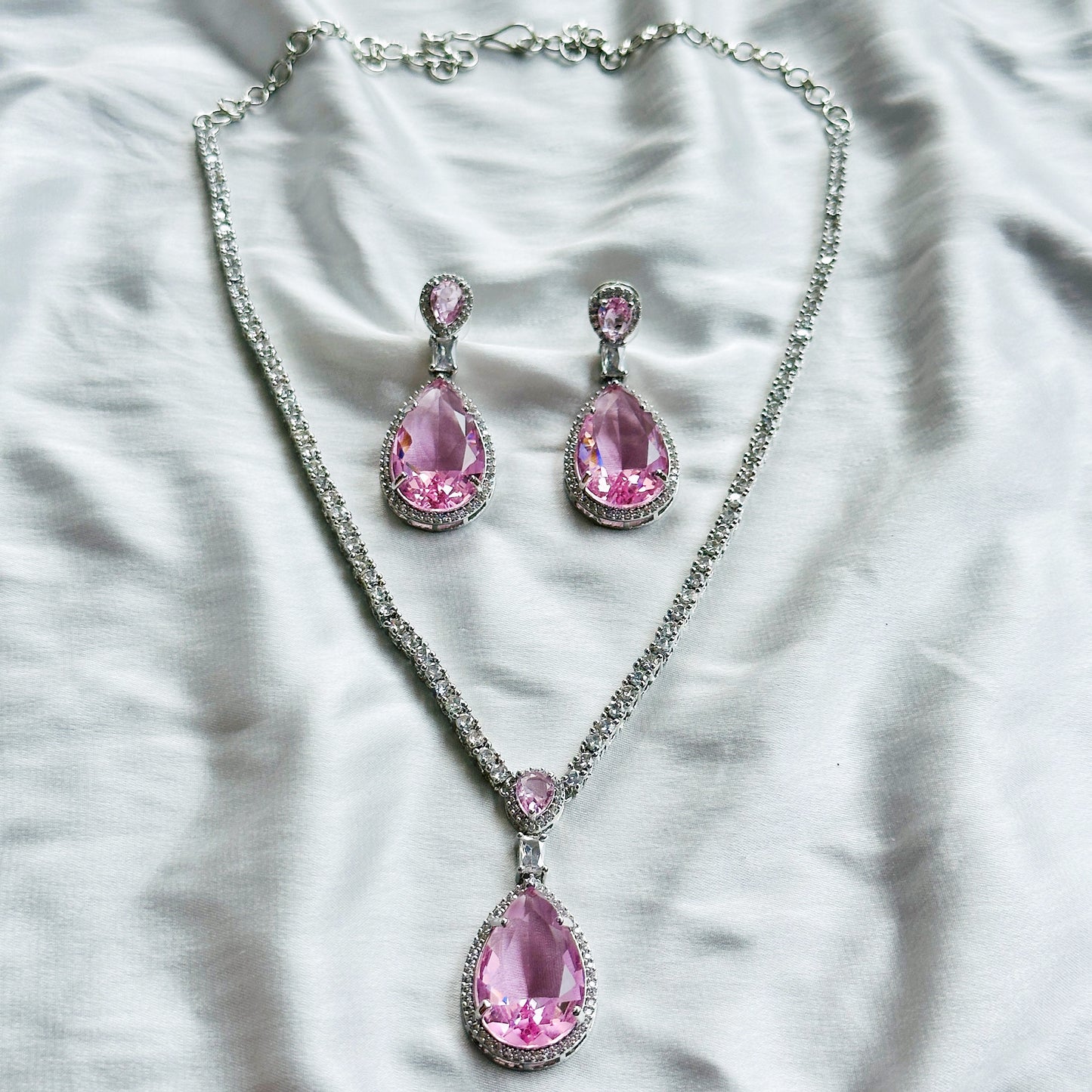 Pink Topaz Cubic Zircon Stone American Diamond Silver Plated Necklace Set