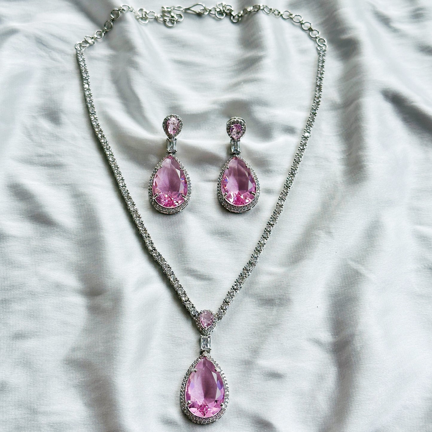 Pink Topaz Cubic Zircon Stone American Diamond Silver Plated Necklace Set