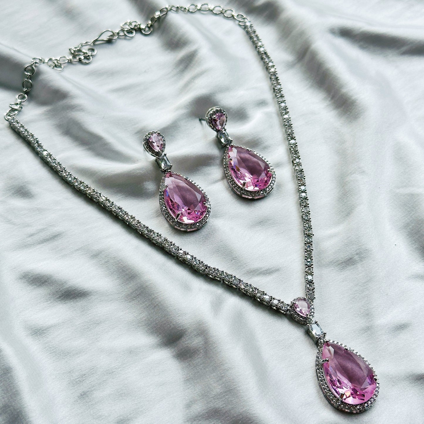 Pink Topaz Cubic Zircon Stone American Diamond Silver Plated Necklace Set