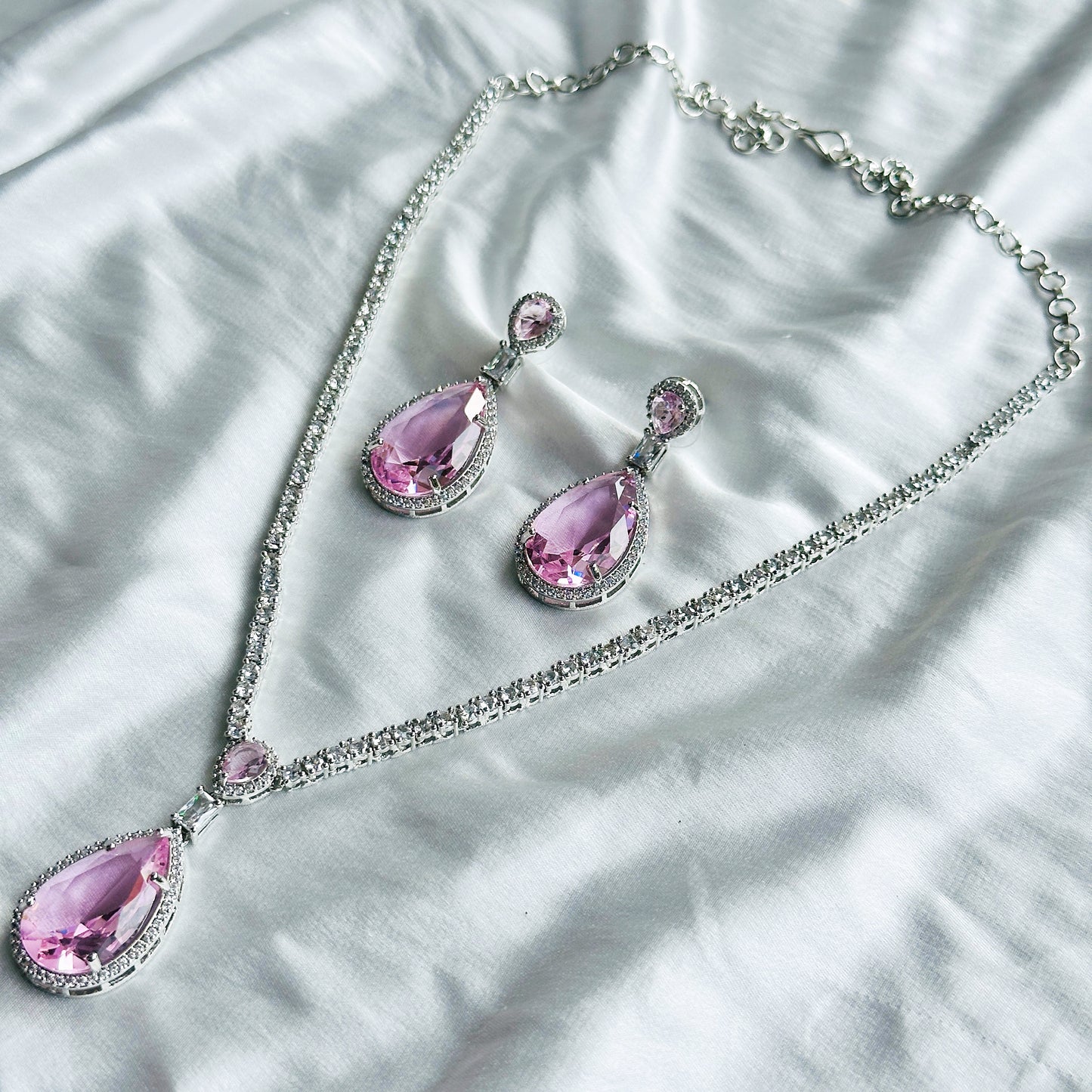 Pink Topaz Cubic Zircon Stone American Diamond Silver Plated Necklace Set