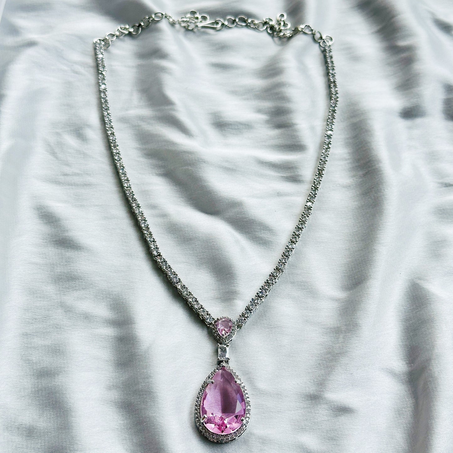 Pink Topaz Cubic Zircon Stone American Diamond Silver Plated Necklace Set