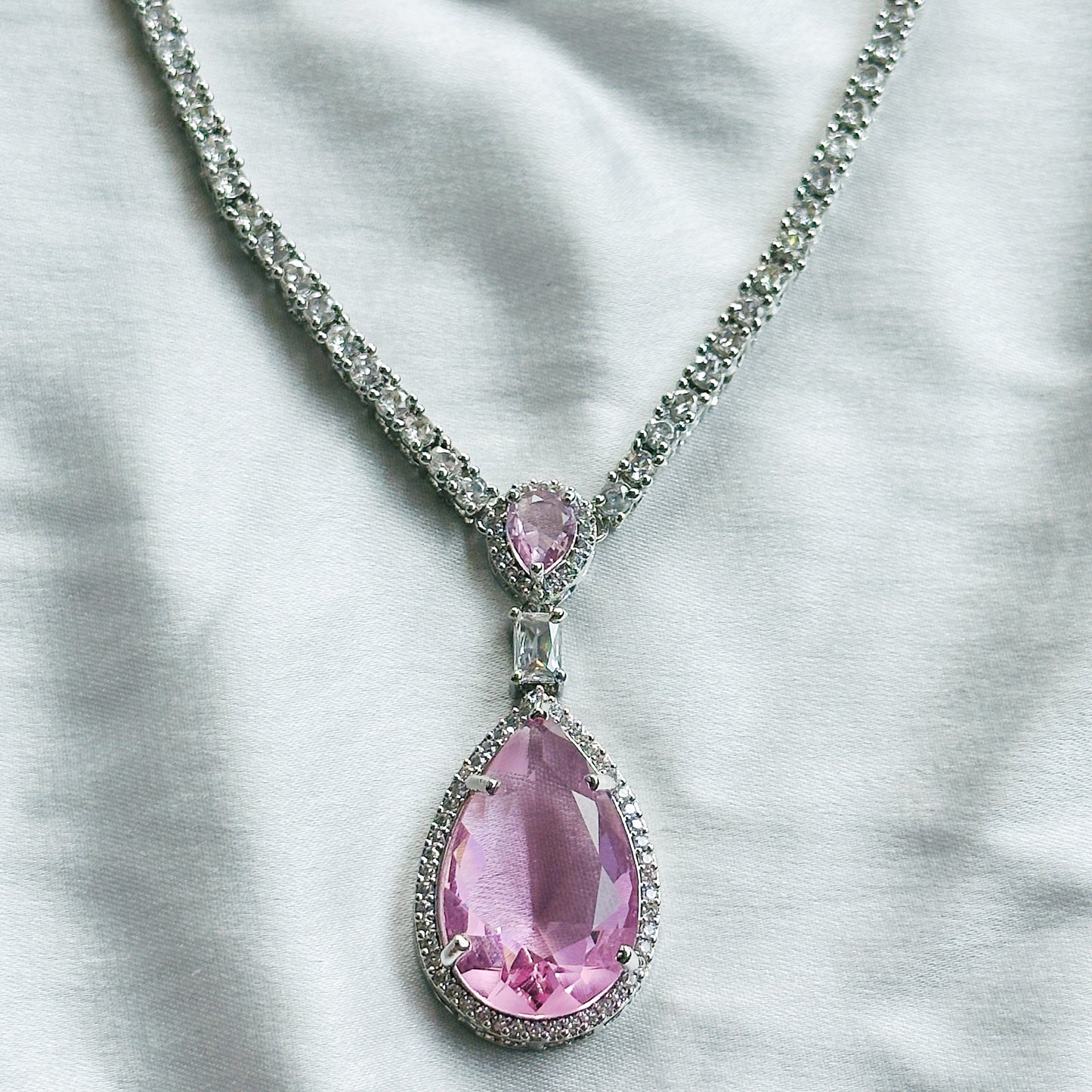 Pink Topaz Cubic Zircon Stone American Diamond Silver Plated Necklace Set