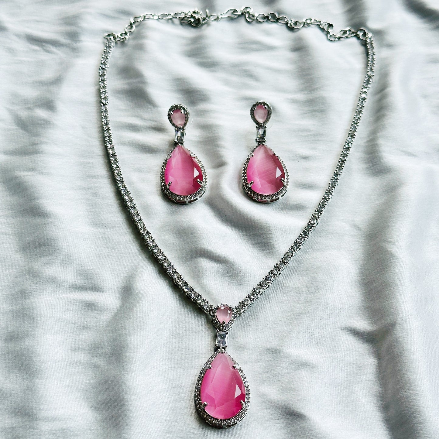 Pink Topaz Zircon Stone American Diamond Silver Plated Necklace Set