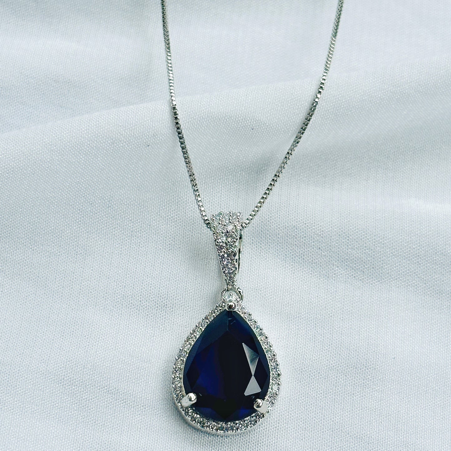Blue Sapphire Cubic Zircon American Diamond Silver Plated Pendant Set