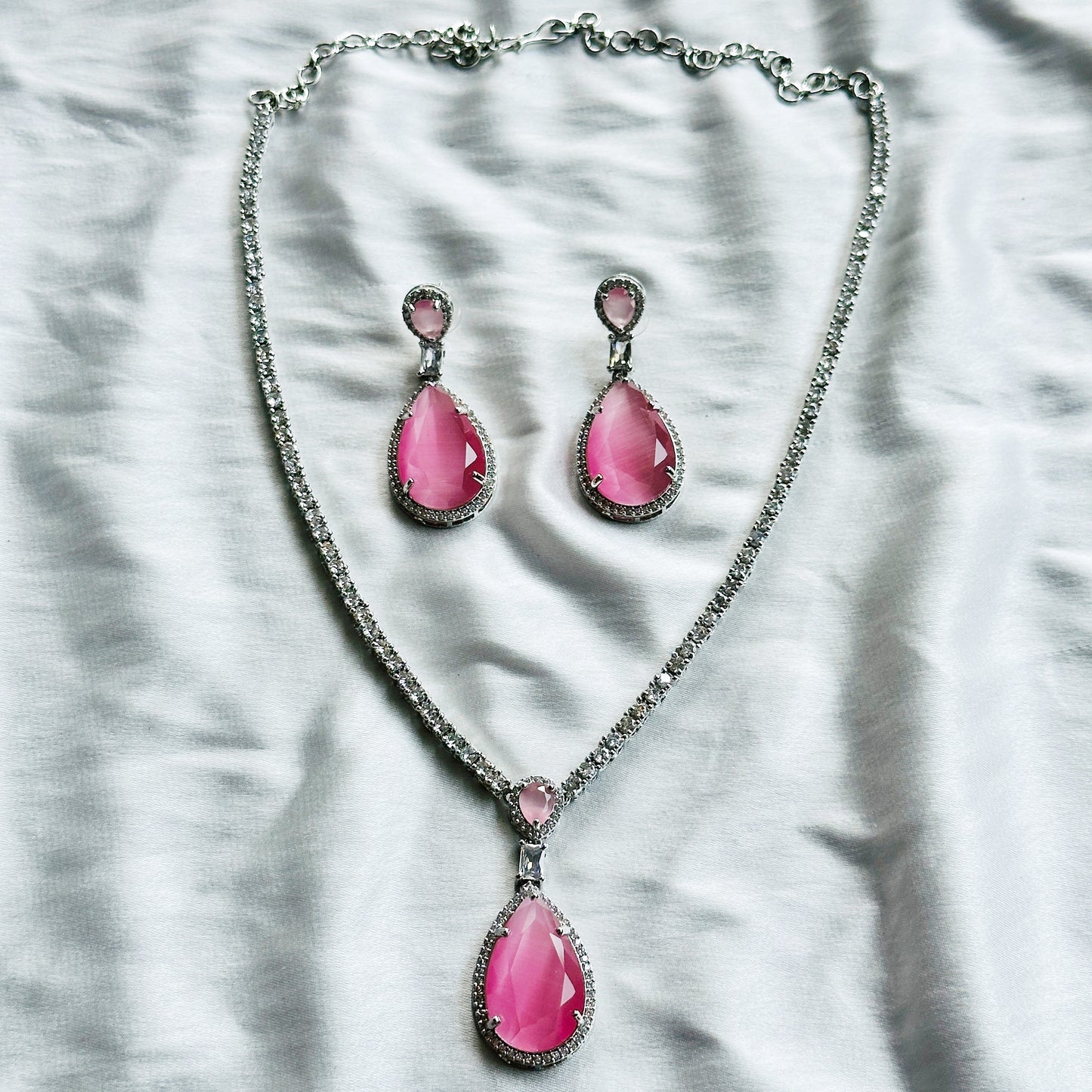 Pink Topaz Zircon Stone American Diamond Silver Plated Necklace Set
