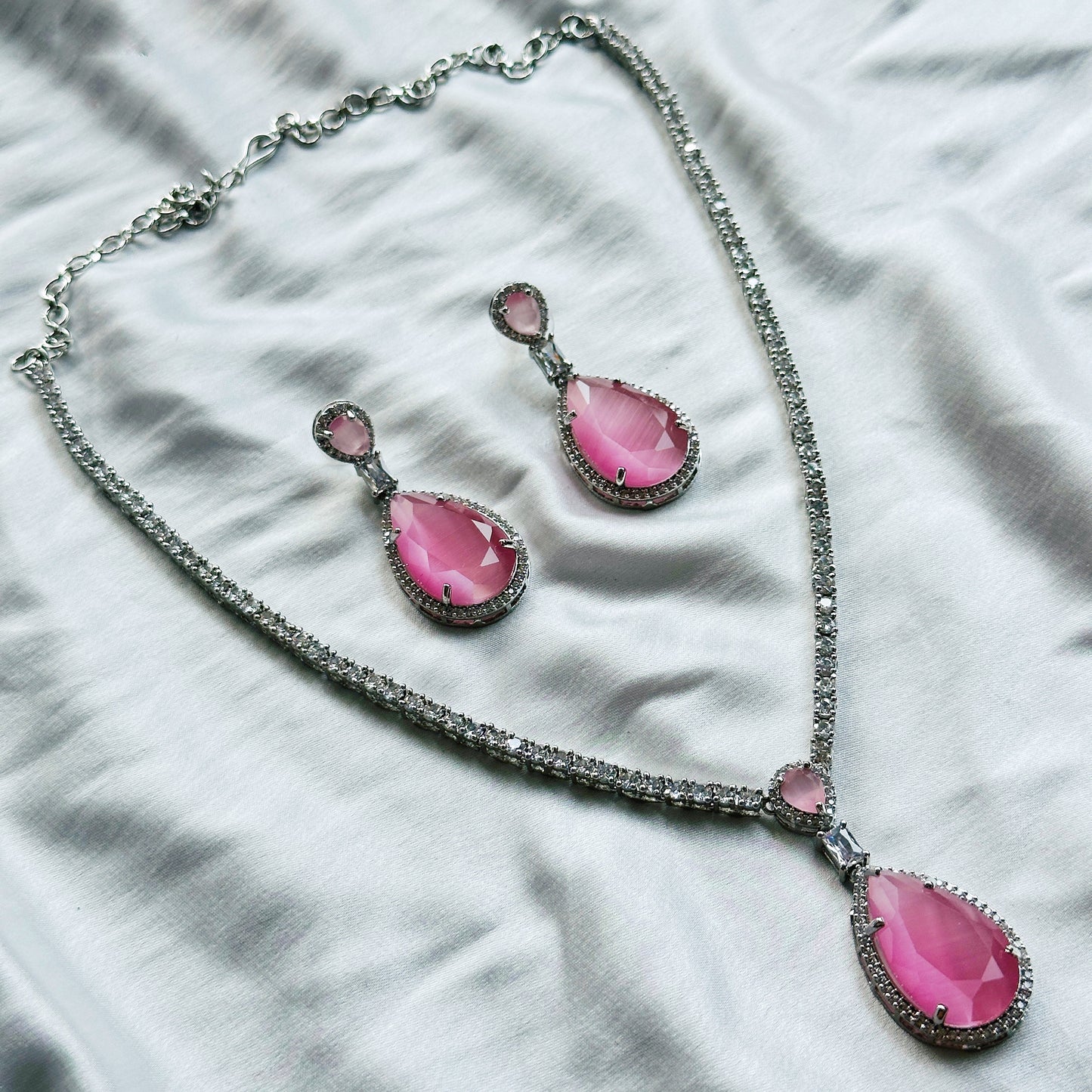 Pink Topaz Zircon Stone American Diamond Silver Plated Necklace Set