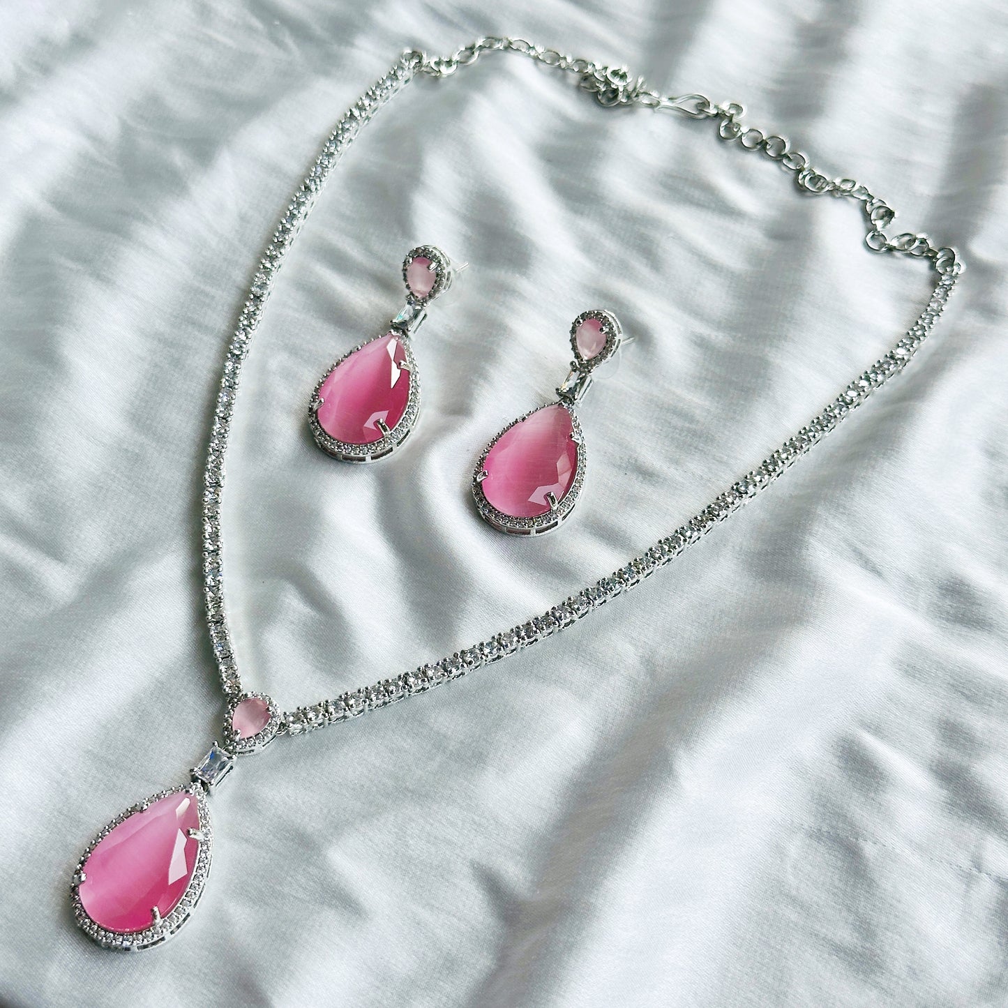 Pink Topaz Zircon Stone American Diamond Silver Plated Necklace Set