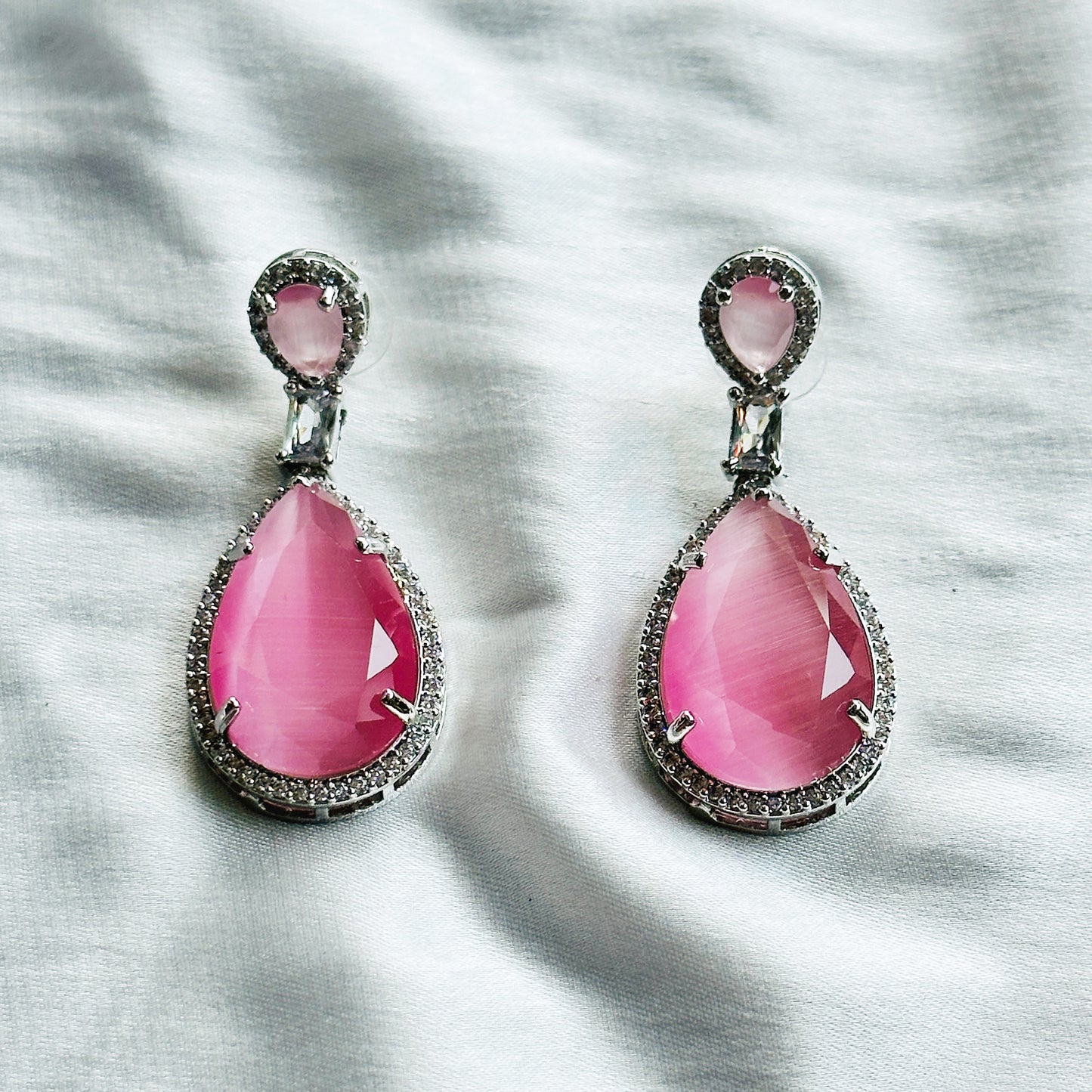 Pink Topaz Zircon Stone American Diamond Silver Plated Necklace Set