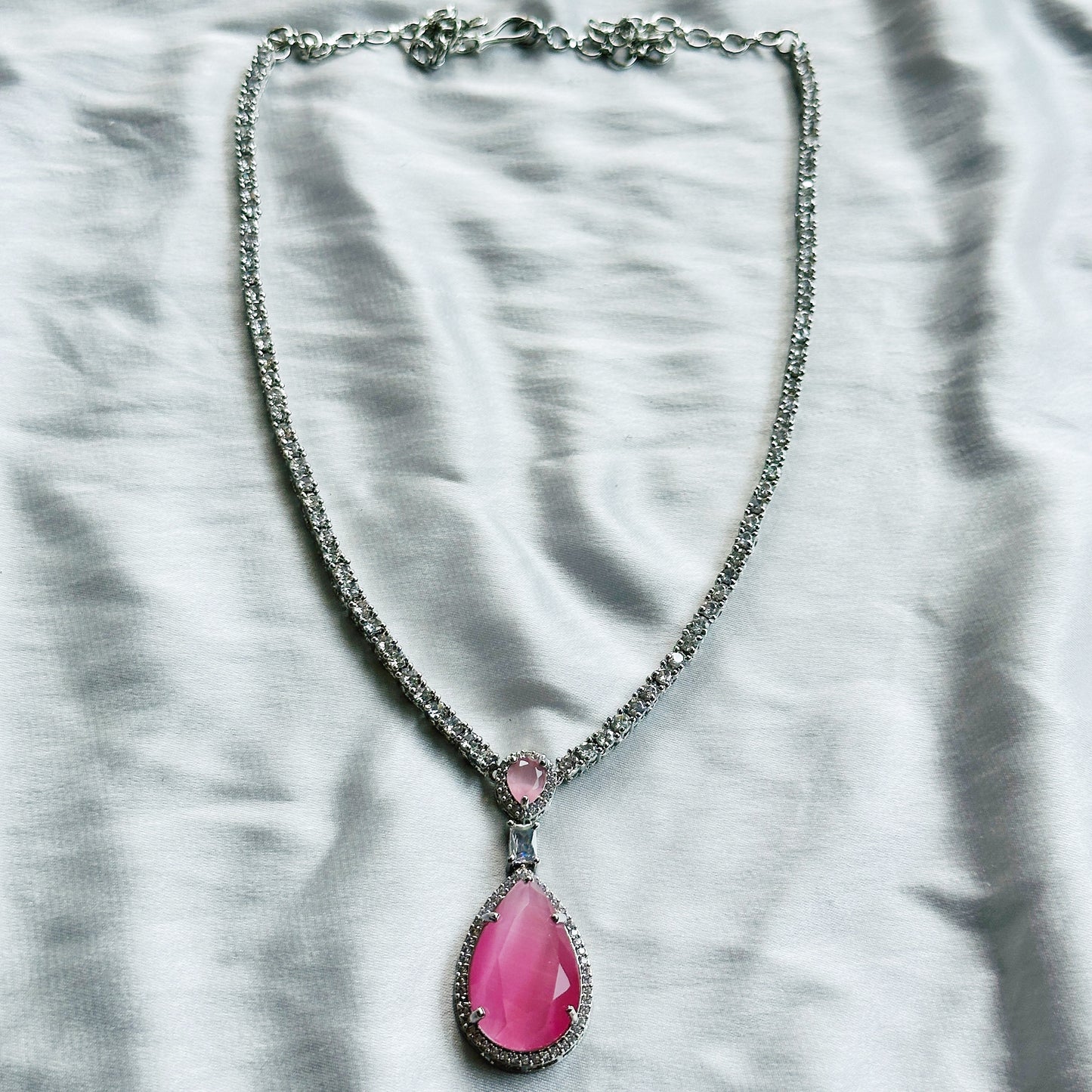 Pink Topaz Zircon Stone American Diamond Silver Plated Necklace Set