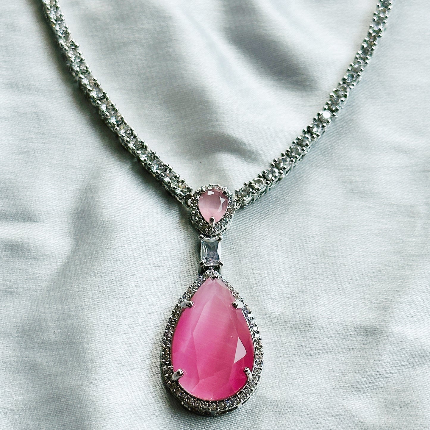 Pink Topaz Zircon Stone American Diamond Silver Plated Necklace Set