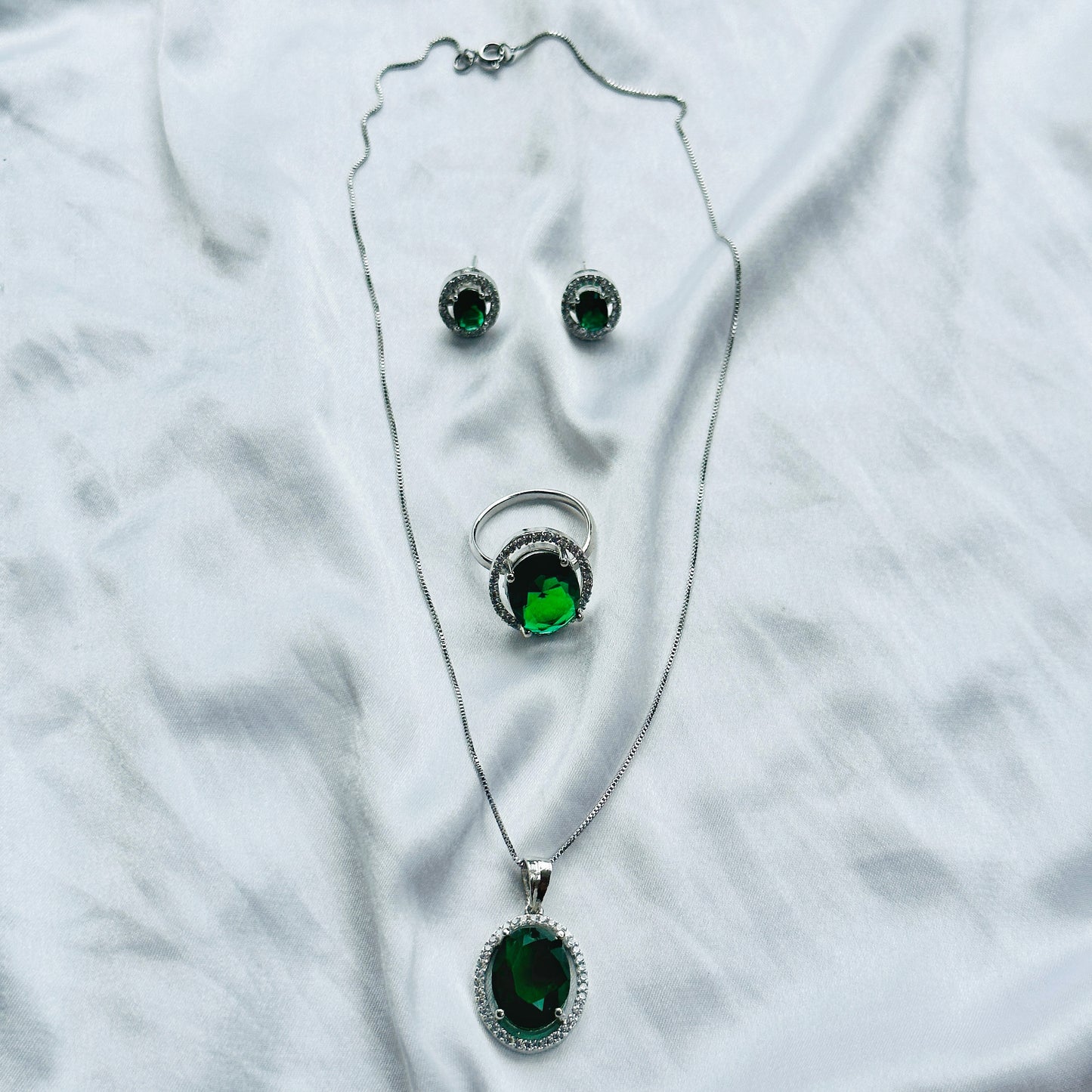 Green Emerald Cubic Zircon Silver AD Pendant Set Combo