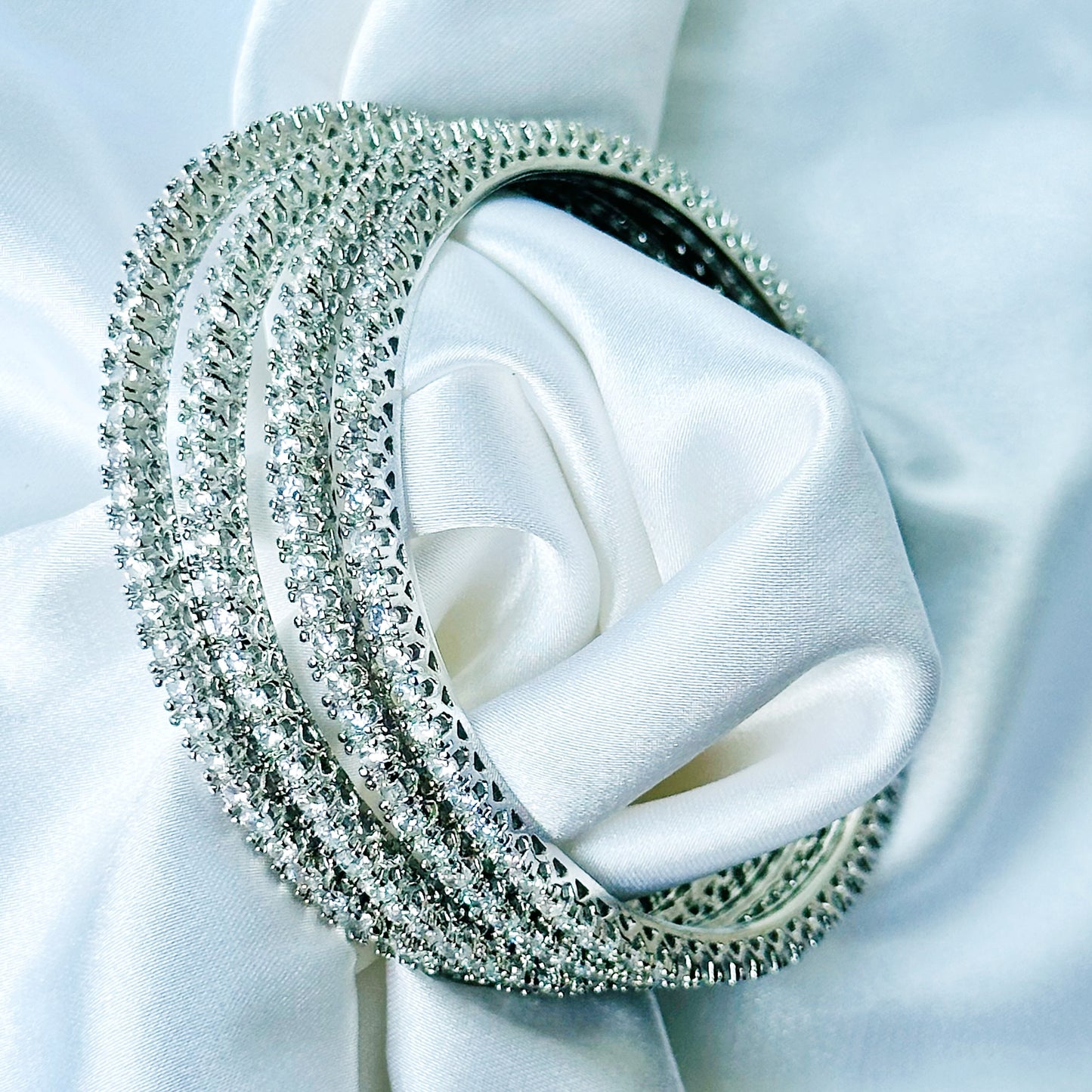 Solitaire Cubic Zirconia American Diamond Silver Plated Bangles, Set of 4