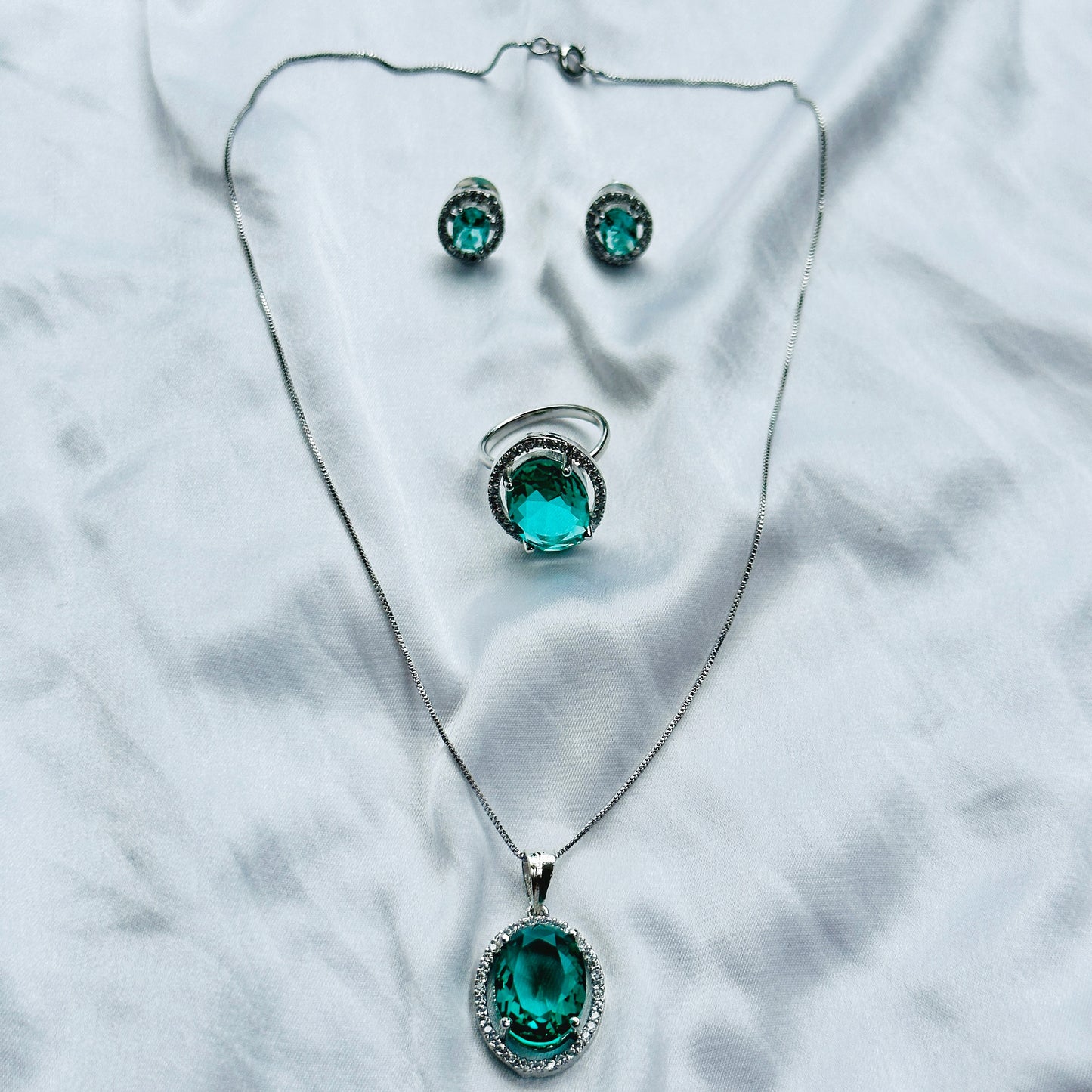 Sea Green Topaz Cubic Zircon Silver AD Pendant Set Combo