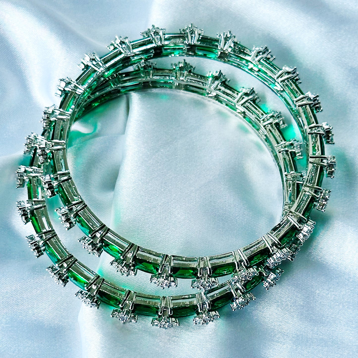 Green Emerald Cubic Zircon American Diamond Silver Plated Bangles, Set of 2
