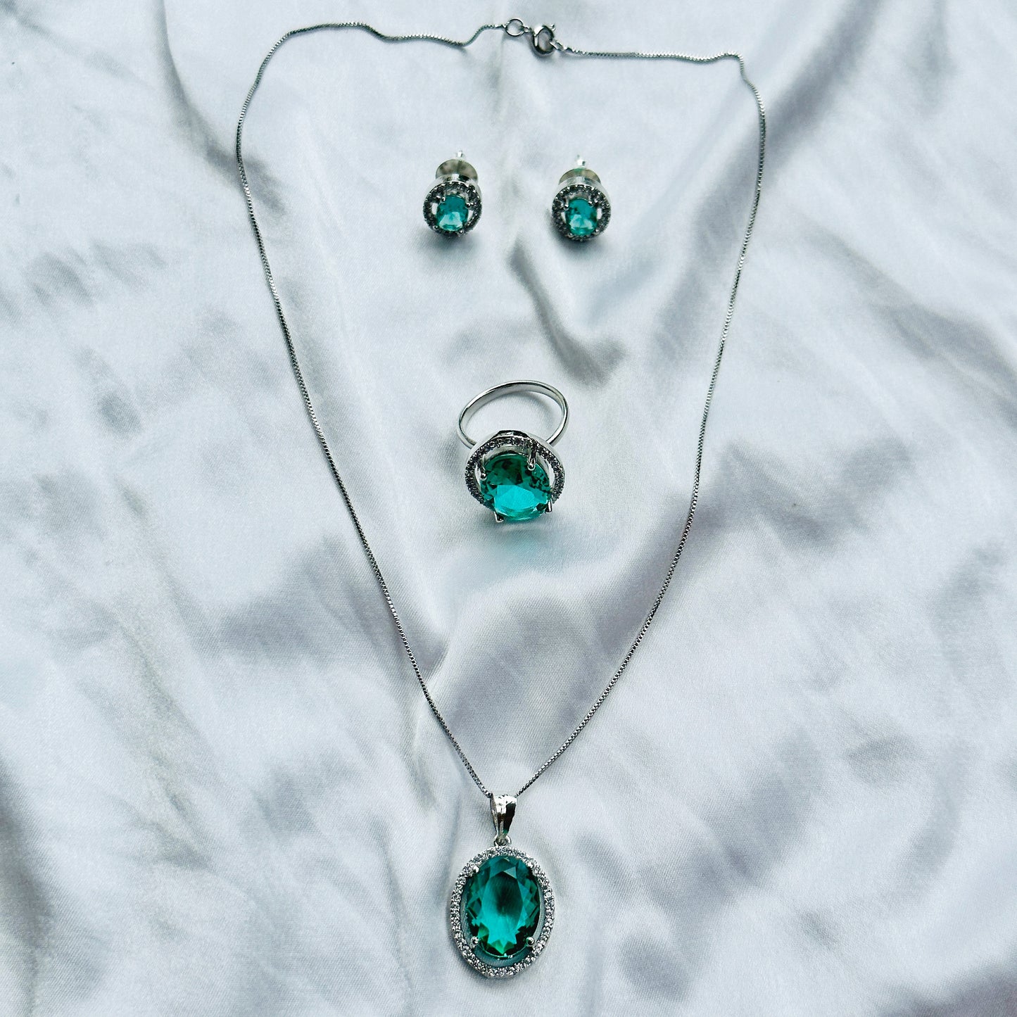 Sea Green Topaz Cubic Zircon Silver AD Pendant Set Combo