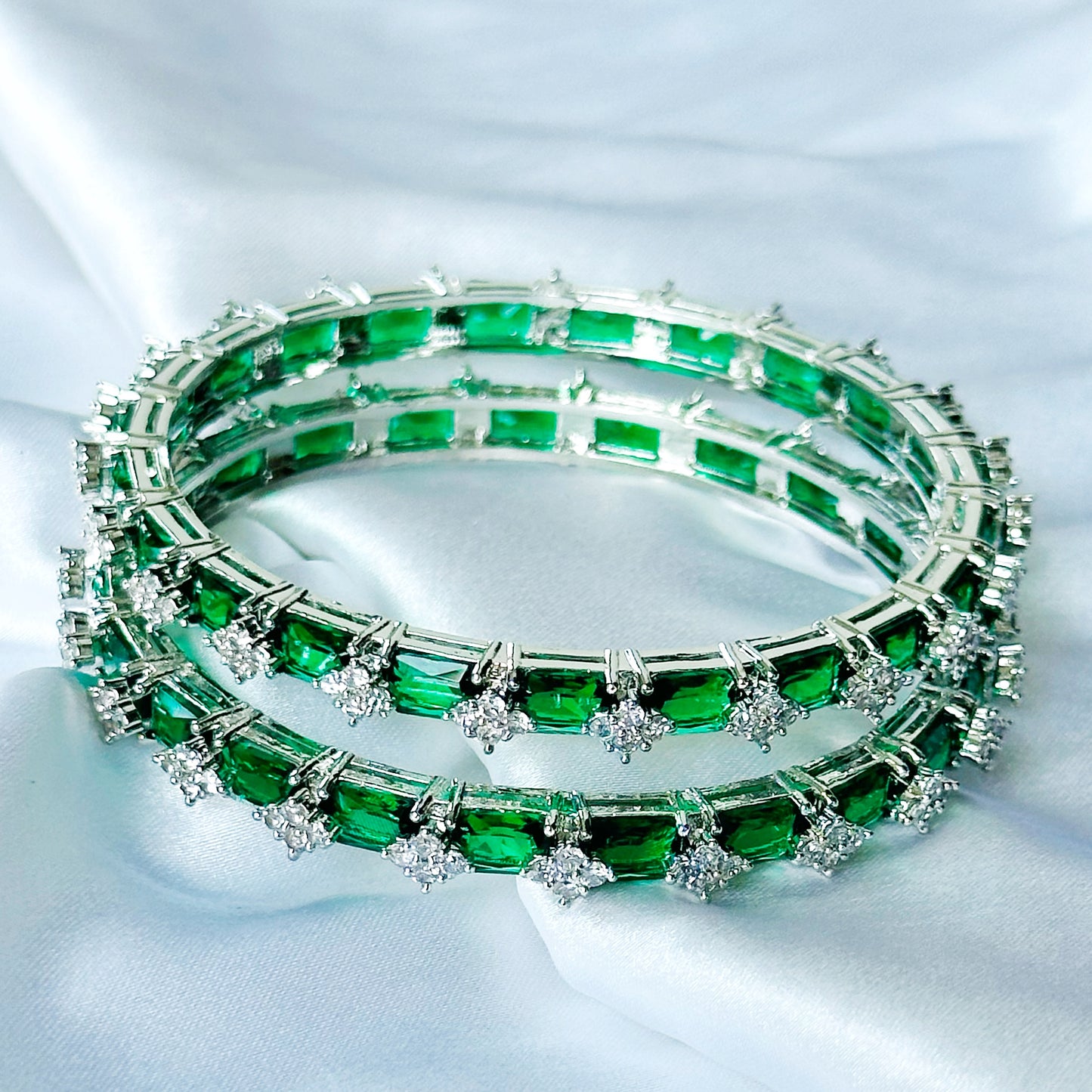 Green Emerald Cubic Zircon American Diamond Silver Plated Bangles, Set of 2
