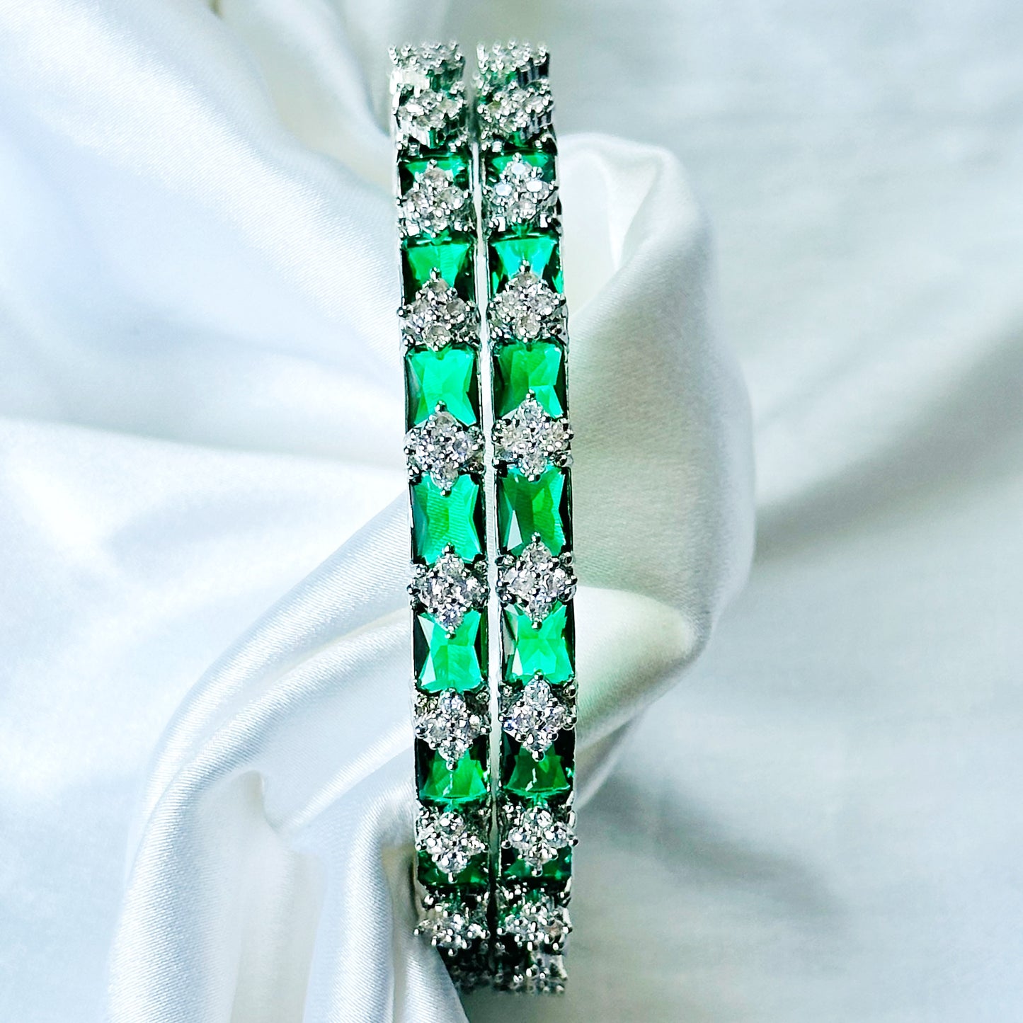 Green Emerald Cubic Zircon American Diamond Silver Plated Bangles, Set of 2