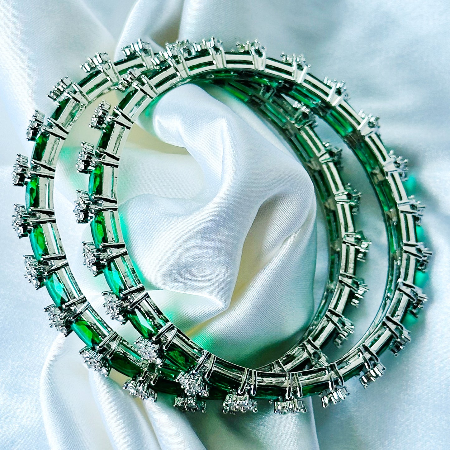 Green Emerald Cubic Zirconia American Diamond Silver Plated Bangles, Set of 2