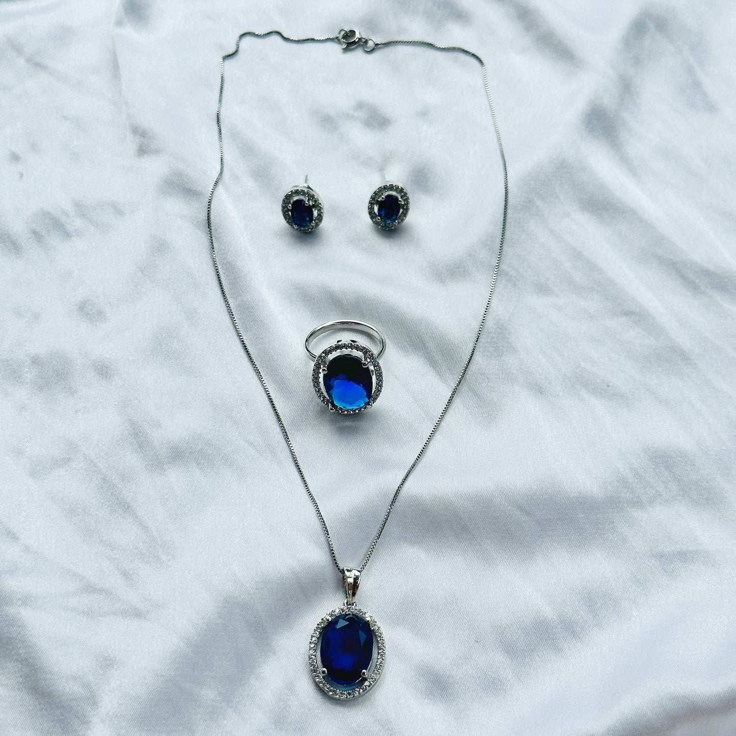 Blue Sapphire Cubic Zircon American Diamond Silver Plated Pendant Set Combo