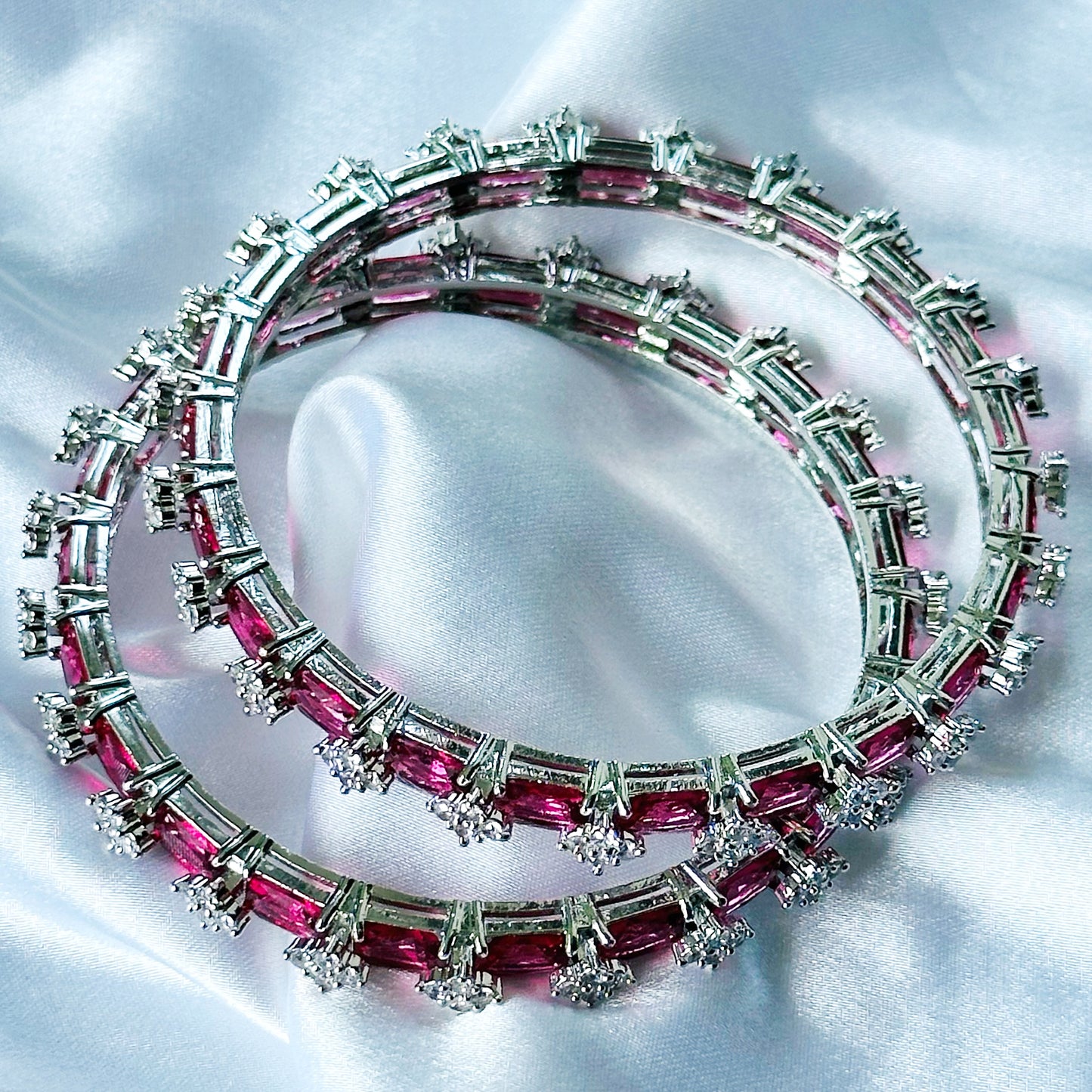 Red Ruby Cubic Zircon American Diamond Silver Plated Bangles, Set Of 2