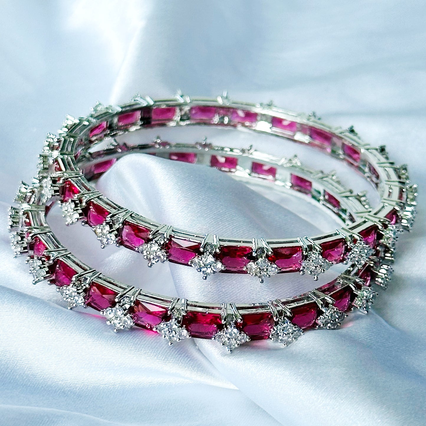 Red Ruby Cubic Zircon American Diamond Silver Plated Bangles, Set Of 2