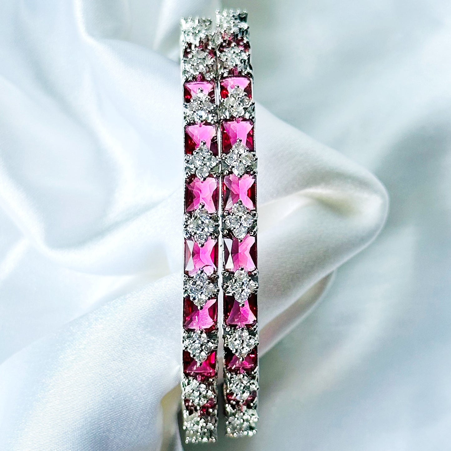 Red Ruby Cubic Zircon American Diamond Silver Plated Bangles, Set Of 2