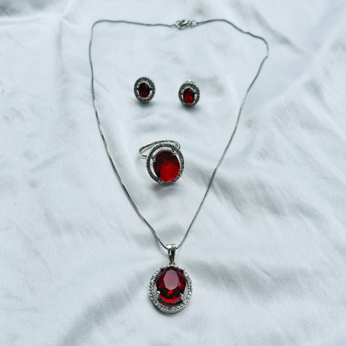 Red Ruby Cubic Zircon American Diamond Silver Plated Pendant Set Combo
