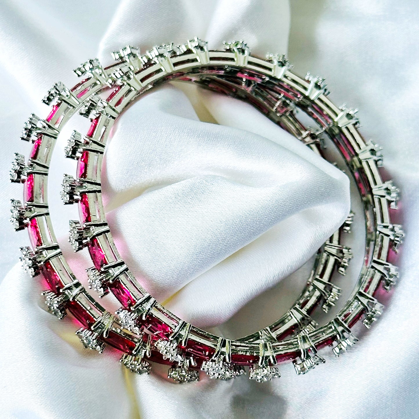 Red Ruby Cubic Zircon American Diamond Silver Plated Bangles, Set Of 2