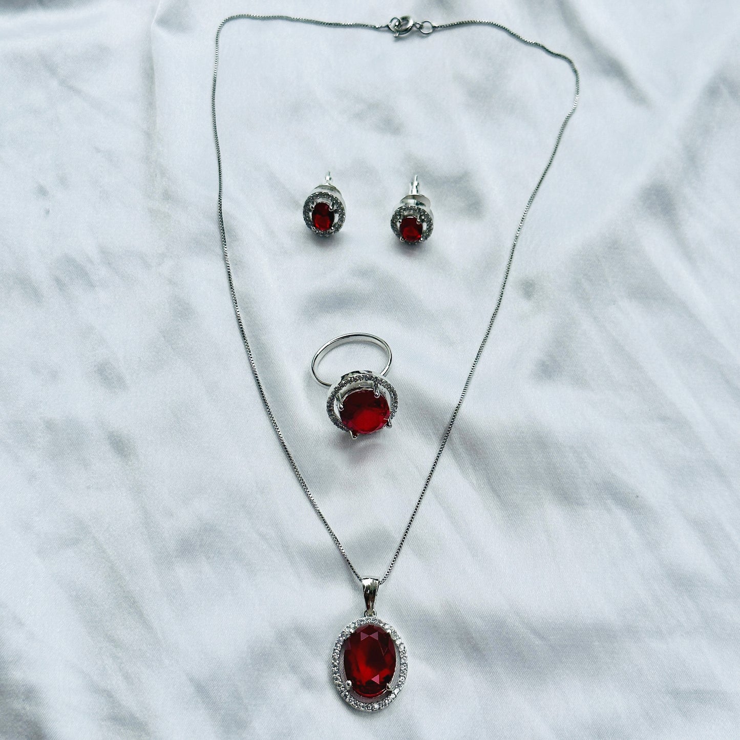 Red Ruby Cubic Zircon American Diamond Silver Plated Pendant Set Combo