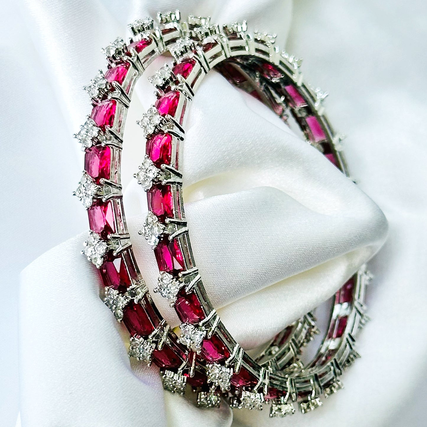 Red Ruby Cubic Zircon American Diamond Silver Plated Bangles, Set Of 2