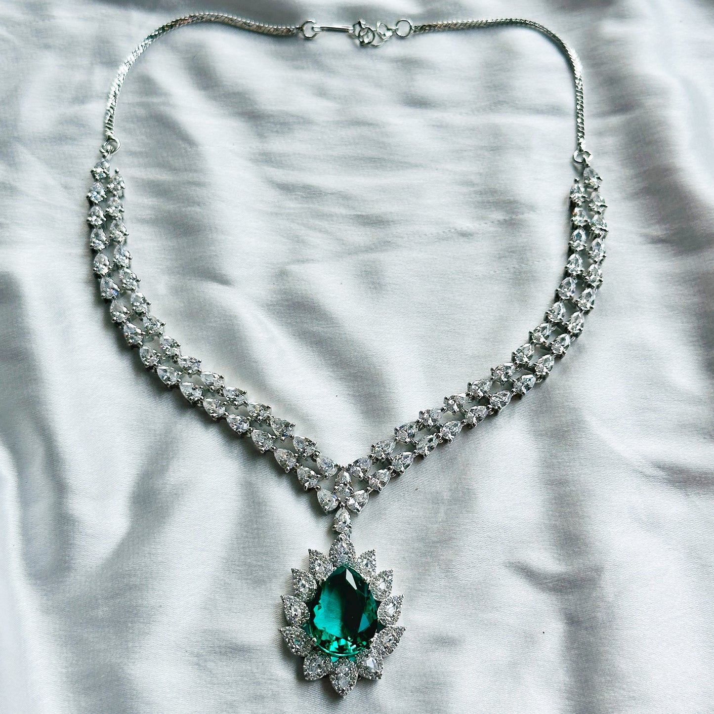 Sea Green Topaz Cubic Zircon American Diamond Silver Plated Necklace Set