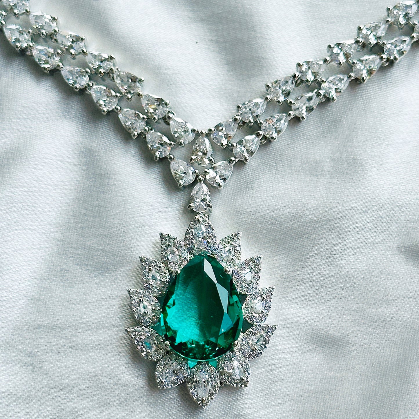 Sea Green Topaz Cubic Zirconia American Diamond Silver Plated Necklace Set