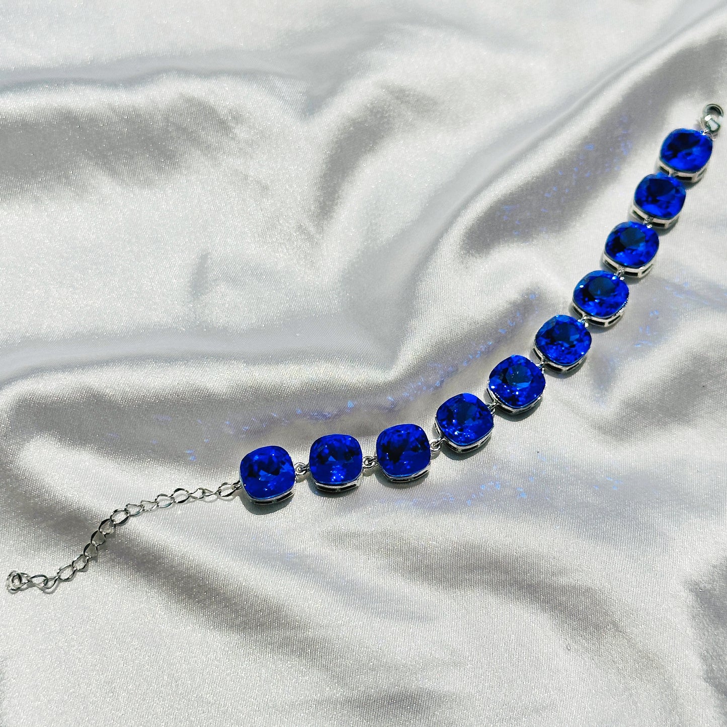 Blue Sapphire Swarovski Crystals Silver Plated Chain Bracelet